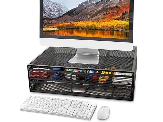 Stand Riser with Dual Pull Out Storage Drawer Metal Mesh Desk Organizer with Drawer Drawer Office Supply for Computer PC Laptop Printer Notebook iMac