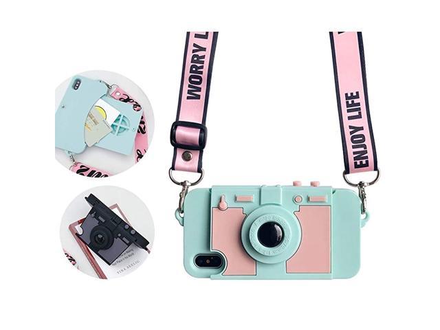 Wallet Case for iPhone X Cute Camera Design Purse Flip Card Pouch Stand Holder Cover Case with Long Shoulder Strap Blue iPhone X (Electronics Computer Components Laptop Parts) photo