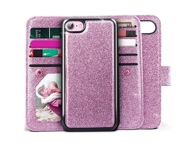 iPhone 8 Wallet Case iPhone 7 Wallet Case Girls Women Glitter Detachable Slim Case with Car Mount Holder 9 CardCash Slots Magnet Clip PU Leather