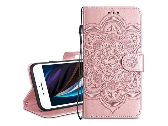 Wallet Case for iPhone SE 2020 8 7 Card Holder Case Kickstand Flip Cover Embossed Mandala Flower Lanyard Protective Soft PU Leather Cover Case for