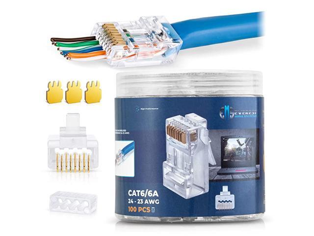 23AWG Cat66a Pass Through Connectors Pack of 100Jar EZ Crimp UTP Network Plug for Large Diameter Cable Transparent Passthrough Ethernet Insert