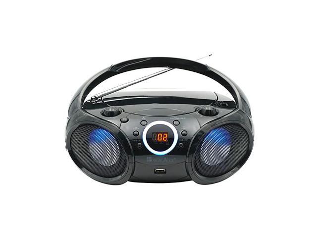CD Player Boombox CDCDRCDRW Portable wBluetooth USB AMFM Radio Aux LineInput Headset Jack Foldable Carrying Handle and LED Light Phantom Black