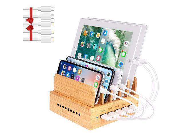 Bamboo Charging Station Wood Charging Station for Multiple Devices with 5 Ports USB Charger Docking Station for iPhone iPadTablet and Android Cell