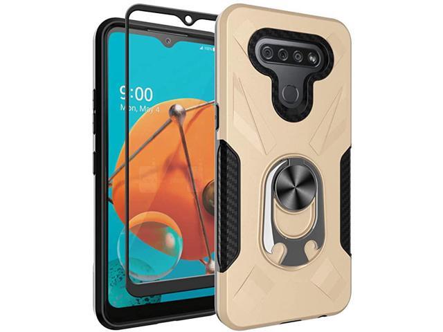 for LG K51 Case with Tempered Glass Screen Protector Rotatable Metal Ring Holder Compatible with Magnetic Car Kickstand Case for LG K51 Gold