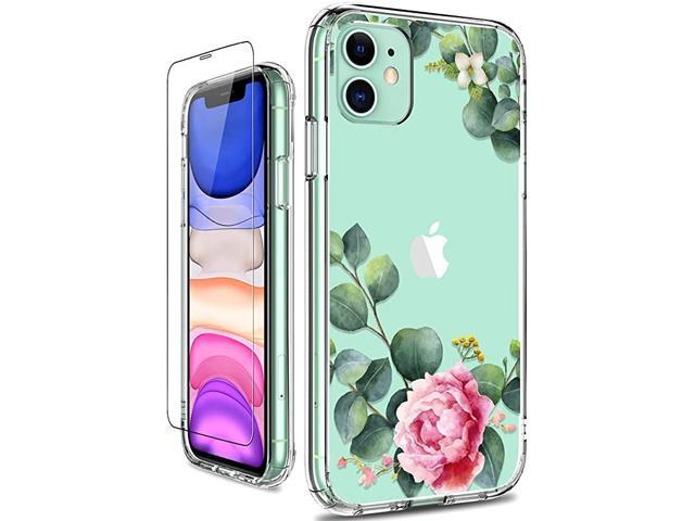 iPhone 11 Case with Screen Protector Clear Heavy Duty Protective Case Floral Girls Women Shockproof Hard PC Back Case with Slim TPU Bumper Cover