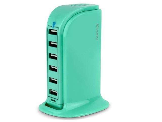 40W 6Port USB Desktop Charging Station Hub Wall Charger for iPhone iPad Tablets Smartphones with Smart Flow Turquoise