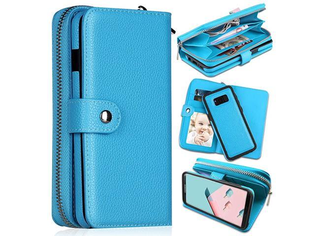Galaxy S8 CaseGalaxy S8 Wallet Cases Large CapacityMagnetic Detachable 2 in 1 Zipper Pocket PU Leather Flip Wallet Case with Wrist Strap HV Stand