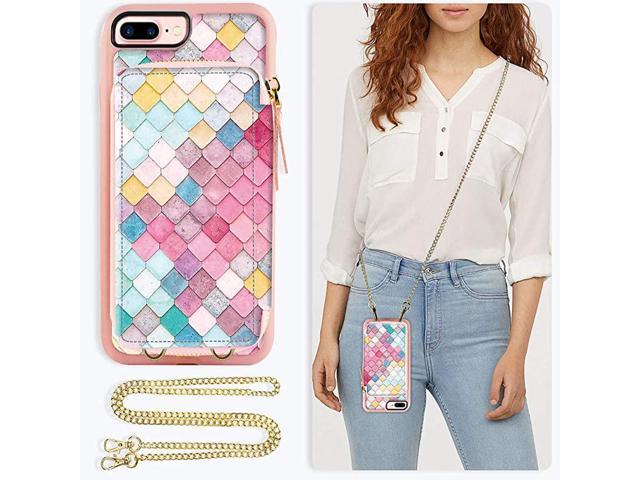 Case for Apple iPhone 8 Plus and iPhone 7 Plus 55 inch Wallet Case with Crossbody Chain Credit Card Holder Slot Zipper Purse Case for Apple iPhone