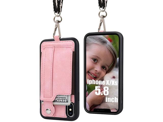 iPhone XXs Wallet Case Phone Lanyard Neck Strap iPhone Xs 10 Protective Case Cover with Stand Leather PU Card Holder Adjustable Detachable iPhone