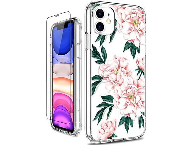 iPhone 11 Case with Screen Protector Clear Heavy Duty Protective Case Floral Girls Women Shockproof Hard PC Back Case with Slim TPU Bumper Cover