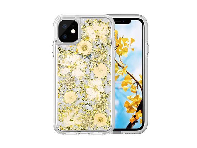 iPhone 11 Case Women Luxury Fashion Gold Foil Glitter Case Made with Real Natural Flowers with Clear Soft TPU Bumper + Hard PC Plastic Back Cover