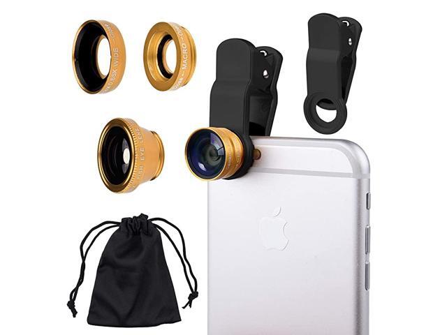 3in1 Cell Phone Camera Lens Kit for Smartphones Including Fish Eye Lens 2 in 1 Macro Lens Wide Angle LensClipCarry PouchMicrofiber Cleaning Cloth