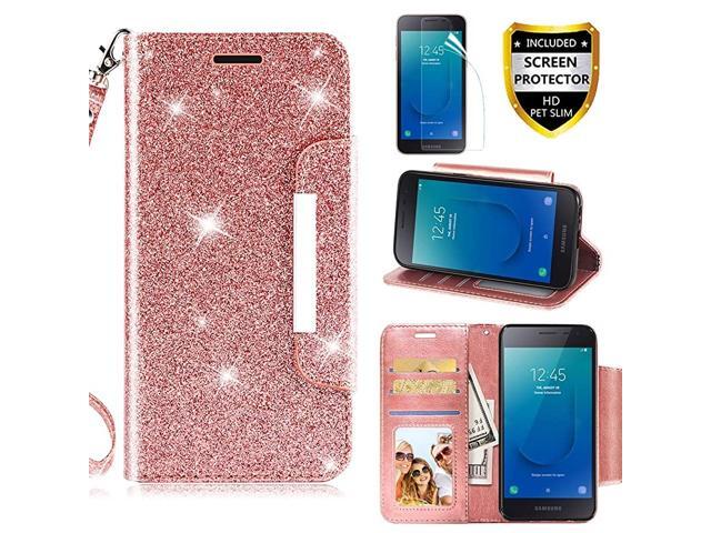 Samsung Galaxy J2 Core J2 Dash J2 Pure J2 Shine Case Phone Wallet Purse PU Leather Magnetic Card Holder Slot Wrist Strap Bling Glitter Spark