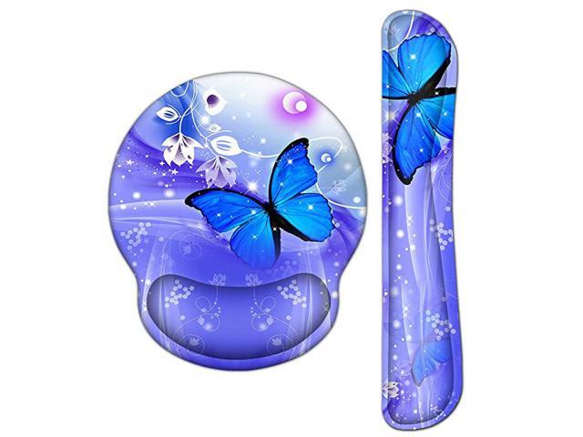 Mouse Pad Wrist Support Gaming Keyboard Wrist Pad Combo Set Durable Ergonomic Anti Slip NonSlip Round Base Rest Support Blue Purple Butterfly