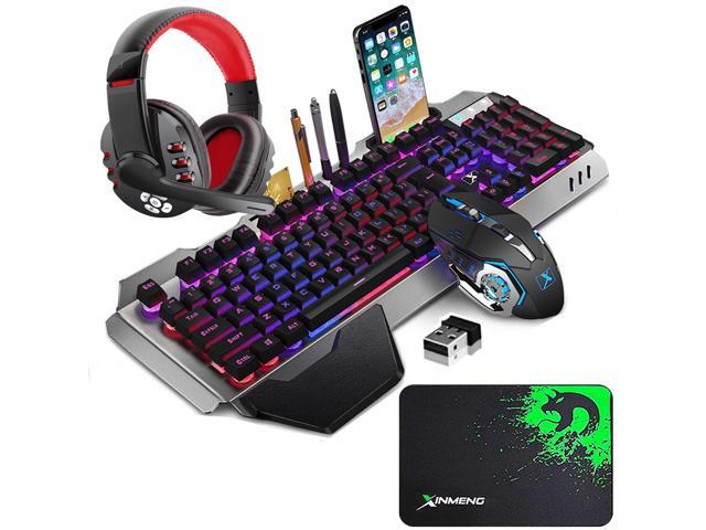 Wireless Gaming Keyboard Mouse and Bluetooth Headset Kit Rainbow Backlit Rechargeable Ergonomic Metal Mechanical Feel Keyboard with Removable Palm