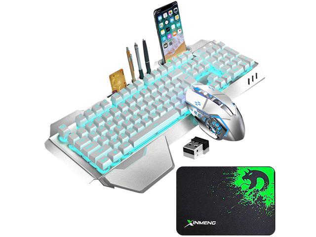 Wireless Gaming Keyboard and Mouse with Blue Backlit Rechargeable Metal Panel Mechanical Feel Ergonomic Keyboard and Mouse for Laptop PC Gamer White