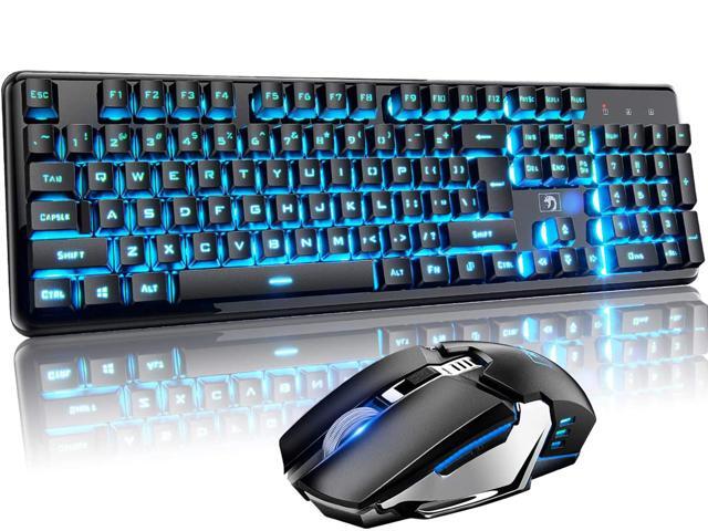 Rechargeable 24G Wireless Keyboard and Mouse Combo Mechanical Feel Blue Backlit Gaming Keyboard & Mouse for Laptop Computer and Mac