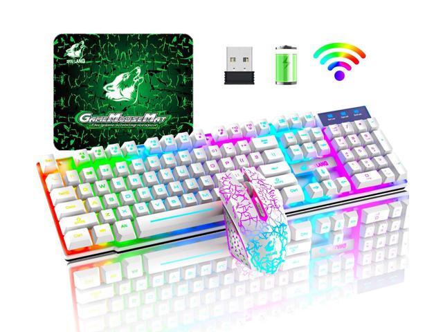 Wireless Gaming Keyboard and Mouse Set Rainbow LED Backlit Rechargeable 4000mAh Battery Mechanical Feel Waterproof 7 Color Backlit Mice for
