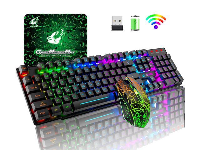 Wireless Gaming Keyboard and Mouse Set Rainbow LED Backlit Rechargeable 4000mAh Battery Mechanical Feel Waterproof 7 Color Backlit Mice for