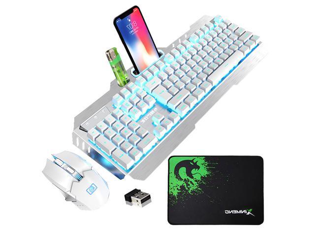 Wireless Rechargeable Keyboard and Mouse for Computer Gamers Mechanical Feel Metal Panel Gaming Keyboard Mouse with Anti-ghosting
