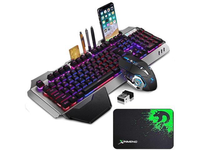 Wireless Gaming Keyboard and Mouse with Rainbow Backlit Rechargeable Metal Panel Mechanical Feel Ergonomic Keyboard and Mouse for Laptop PC Gamer
