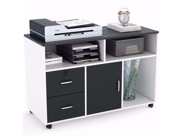 Wood File Cabinet 2 Drawer Storage Printer Stand Mobile Lateral Filing Cabinet with Locks and Wheels Open Storage Shelves for Study Home Office