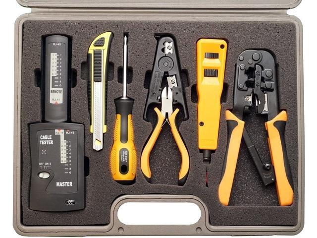 10 Piece Network Installation Tool Kit - Includes LAN Data Tester RJ45 RJ11 Crimper 66 110 Punch Down Stripper Utility Knife 2 in 1