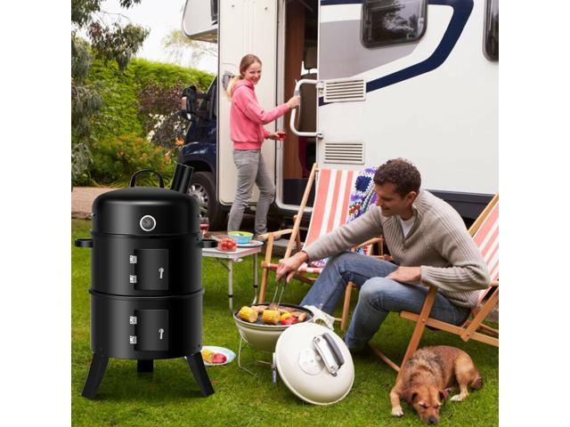 3-in-1 Portable Round Charcoal Smoker BBQ Grill Built-in Thermometer