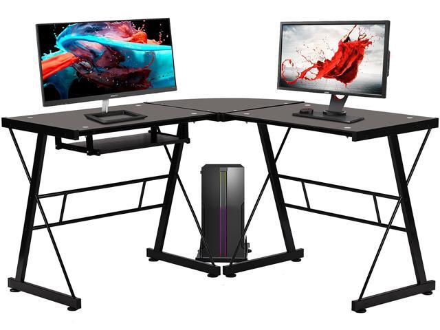 L Shaped Desk Office Computer Glass Corner Desk With Keyboard Tray