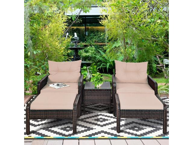 5 Pcs Patio Rattan Sofa Ottoman Furniture Set with Cushions