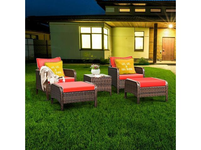 5 Pcs Patio Rattan Sofa Ottoman Furniture Set with Cushions