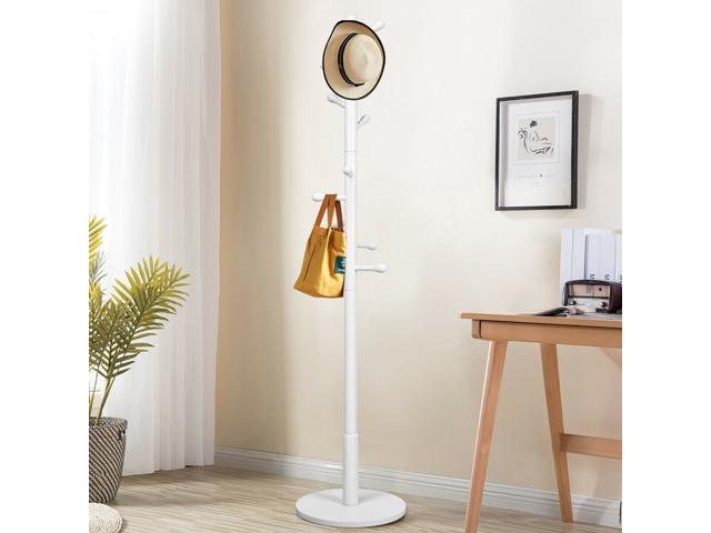 Wooden Coat Rack Stand Entryway Hall Tree 2 Adjustable Height w/ 10 Hooks
