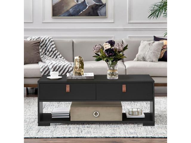 Wood Cocktail Coffee Table with 2 Drawers and Open Storage Shelf