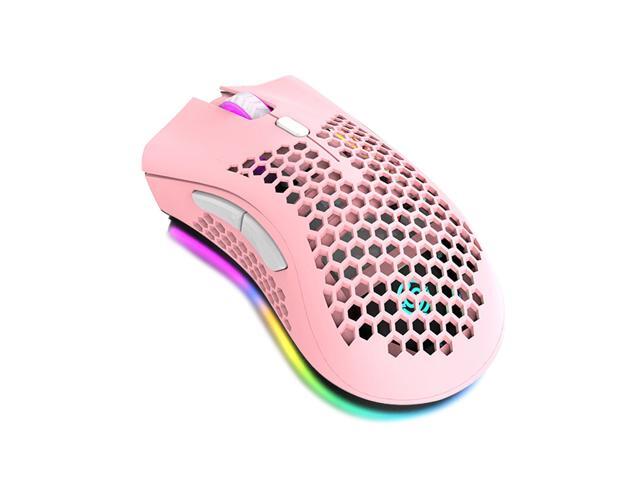 24G Wireless Gaming Mouse Rechargeable Mouse with RGB Light Effect 3 Adjustable DPI Hollowed-out Honeycomb Design Pink