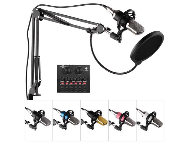 Professional Broadcasting Studio Recording Condenser Microphone Kit with External Sound Card + Mic Windscreen + Shock Mount + Adjustable Suspension