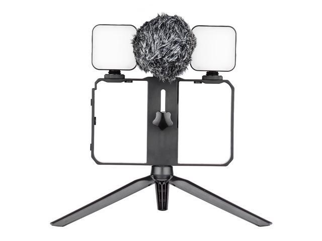 Andoer Smartphone Video Cage Kit Including 2pcs Mini LED Fill Lights + Mini Microphone with Shock Mount Wind Screen + Handheld Smartphone Video