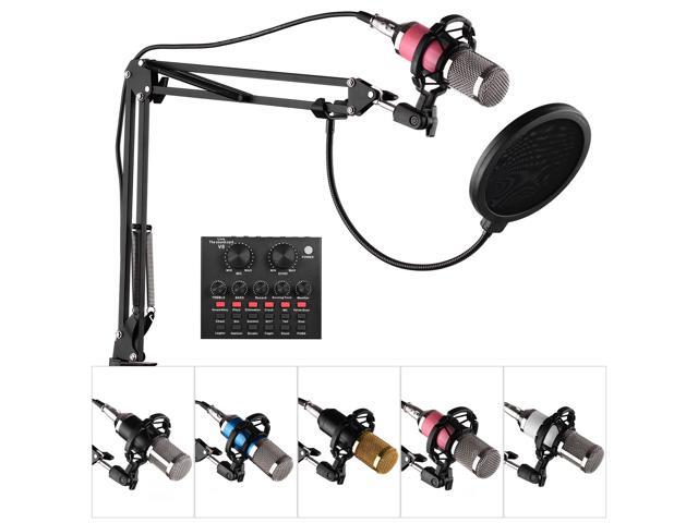Professional Broadcasting Studio Recording Condenser Microphone Kit with External Sound Card + Mic Windscreen + Shock Mount + Adjustable Suspension