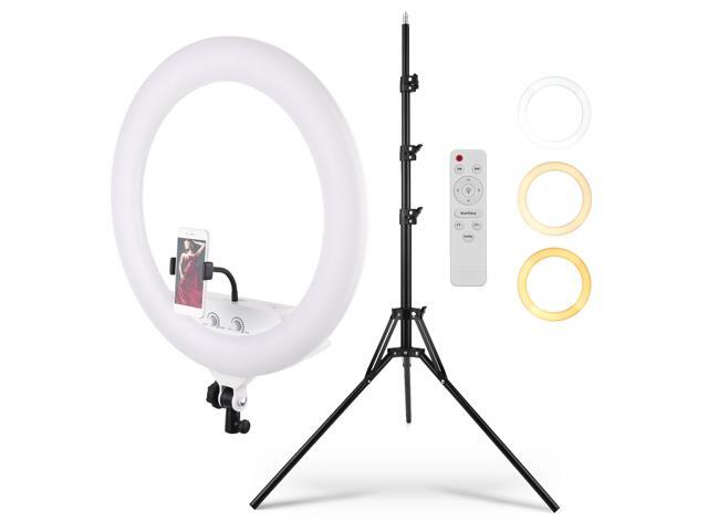 22 Inch Large Ring Light Bi-Color 3200K-5500K Stepless Dimable Photography Light with 2m Extendable Tripod Phone Holder Remote Control for Live