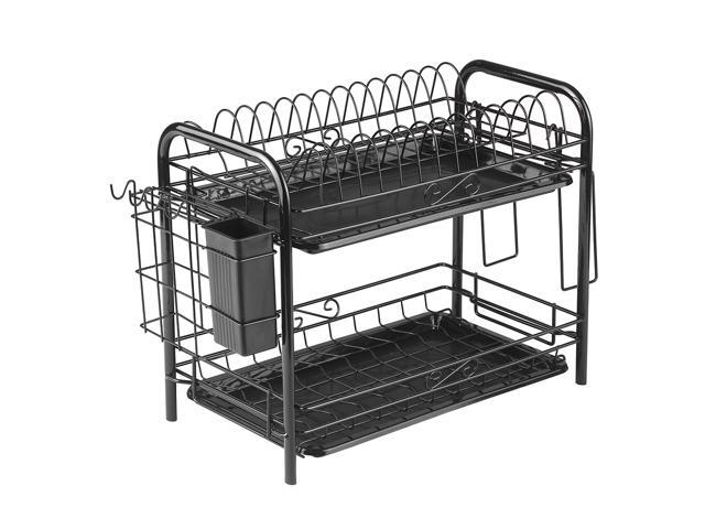 2-Tier Rustproof Dish Drying Rack Carbon Steel Dish Rack Multifunctional Organizer Dish Drainer with Drainboard Hooks Utensil Holder