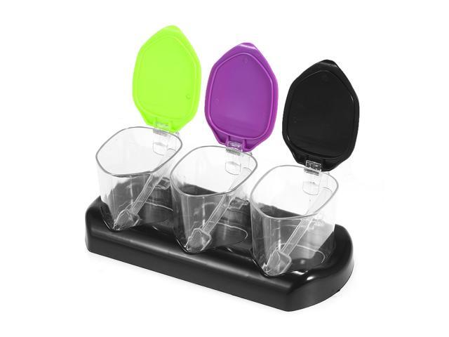 Clear Seasoning Box Condiment Jar Storage Container Spice Pots Container 3 Piece Cruet with Flip-up Lid Base 3 Spoons for Home Kitchen Countertop