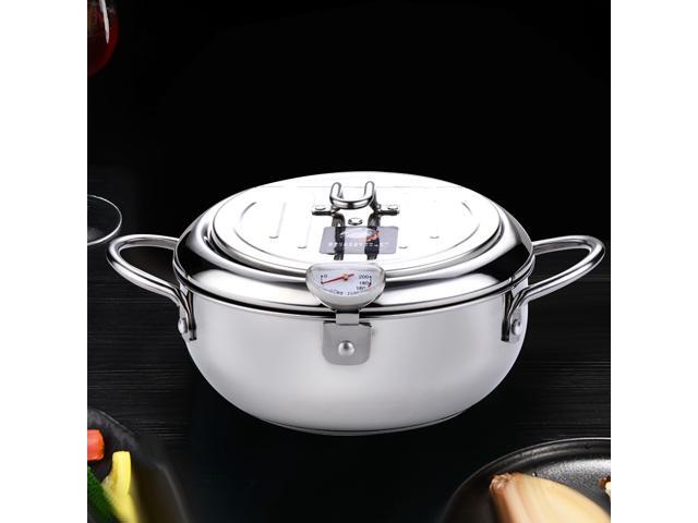Deep Fryer Pot Stainless Steel Japanese Style Fryer with a Thermometer and Oil Drip Drainer Rack for French Fries Shrimp Chicken Fish