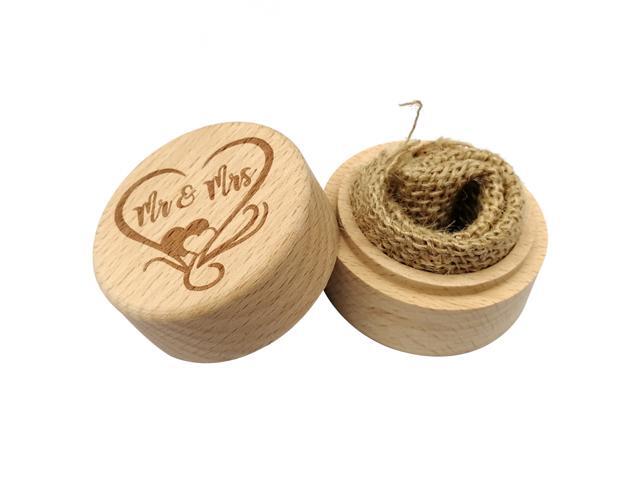 Wooden Round Beech Wedding Ring Box With Letter Mr & Mrs On The Surface