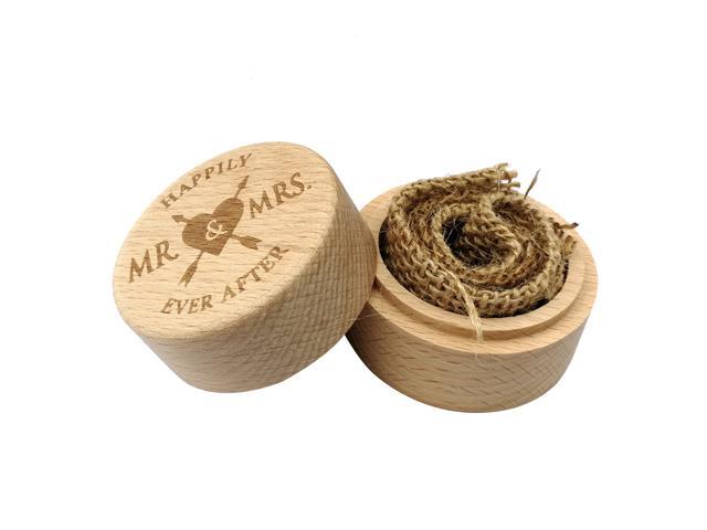 Wooden Round Beech Wedding Ring Box With Letter Happily Mr & Mrs Ever After On The Surface