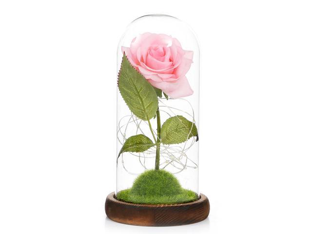 Artificial Rose Flower with LED Lights Glass Dome on Wood Base Forever Artificial Forever Rose Flower Gift Present for Women Mother's Day Valentine