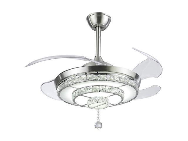 Y42-A100BN 42 Inches Crystal Ceiling Fan Light 200-240V LED Ceiling Light Retractable Blade Adjustable Wind Speed Dimmable with Remote Control AC 65W