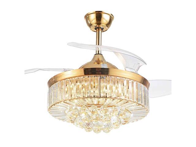 Y42-A099FJ 42 Inches Crystal Ceiling Fan Light 200-240V LED Ceiling Light Retractable Blade Adjustable Wind Speed Dimmable with Remote Control AC 65W