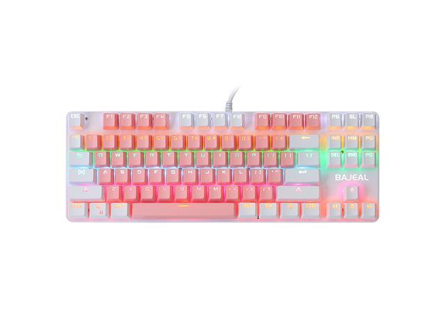 BAJEAL 87 Keys Wired Mechanical Keyboard Mixed Light Mechanical Keyboard with Mechanical Blue Switch Suspension Button Pink+White