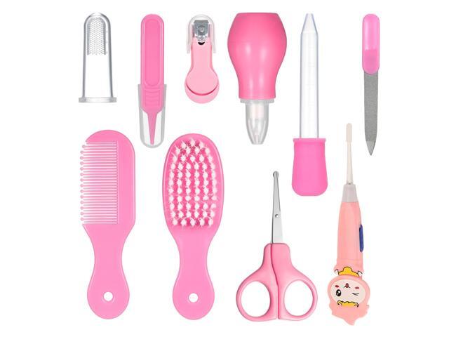 Baby Healthcare and Grooming Kit 10 PCS Ear Pick with Light Comb Nail Clipper Nasal Aspirator Food Feeder Newborn Infant Shower Care Nursery Set