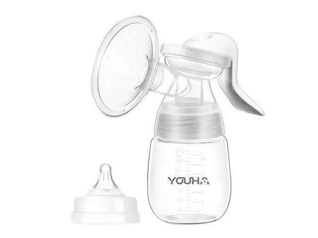 YOUHA Manual Breast Pump 7oz/ 210ml with Bottle Lid and Pacifier Wide Mouth Bottle BPA-Free Safe Material Lightweight Milk Pumping Storing Feeding