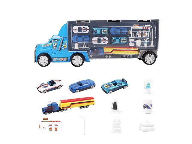 Transport Car Carrier Truck Toy Trailer with 6 Racing Cars & Fire Extinguisher Toy Roadblock Oil Station Set with Portable Handle for Boys Kids